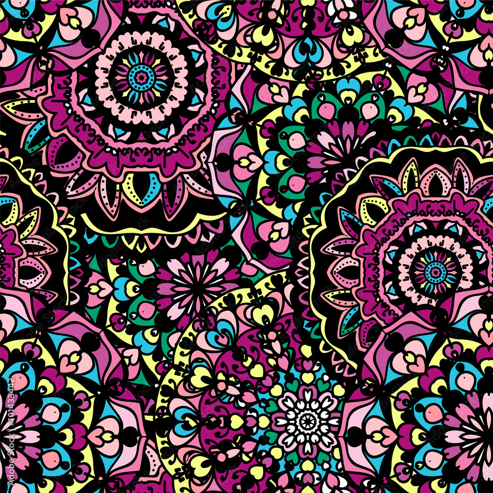 Fashion seamless pattern with mandala, doily round, design elements, flower background,abstract lace decoration