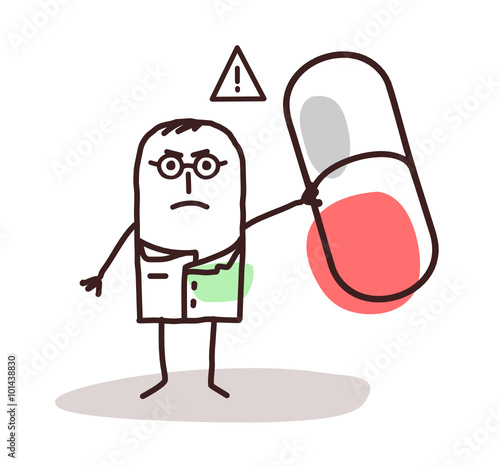 cartoon doctor with dangerous médicine capsule