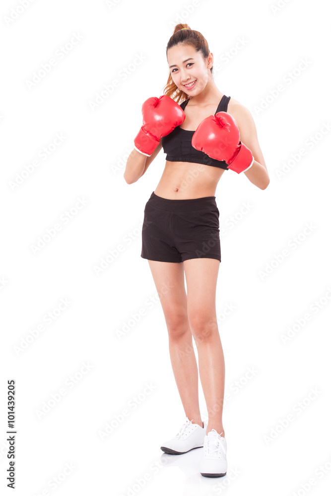 Boxer - Full length fitness woman boxing wearing boxing red gloves on white background. Boxer - Full length fitness woman boxing wearing boxing red gloves on white background.