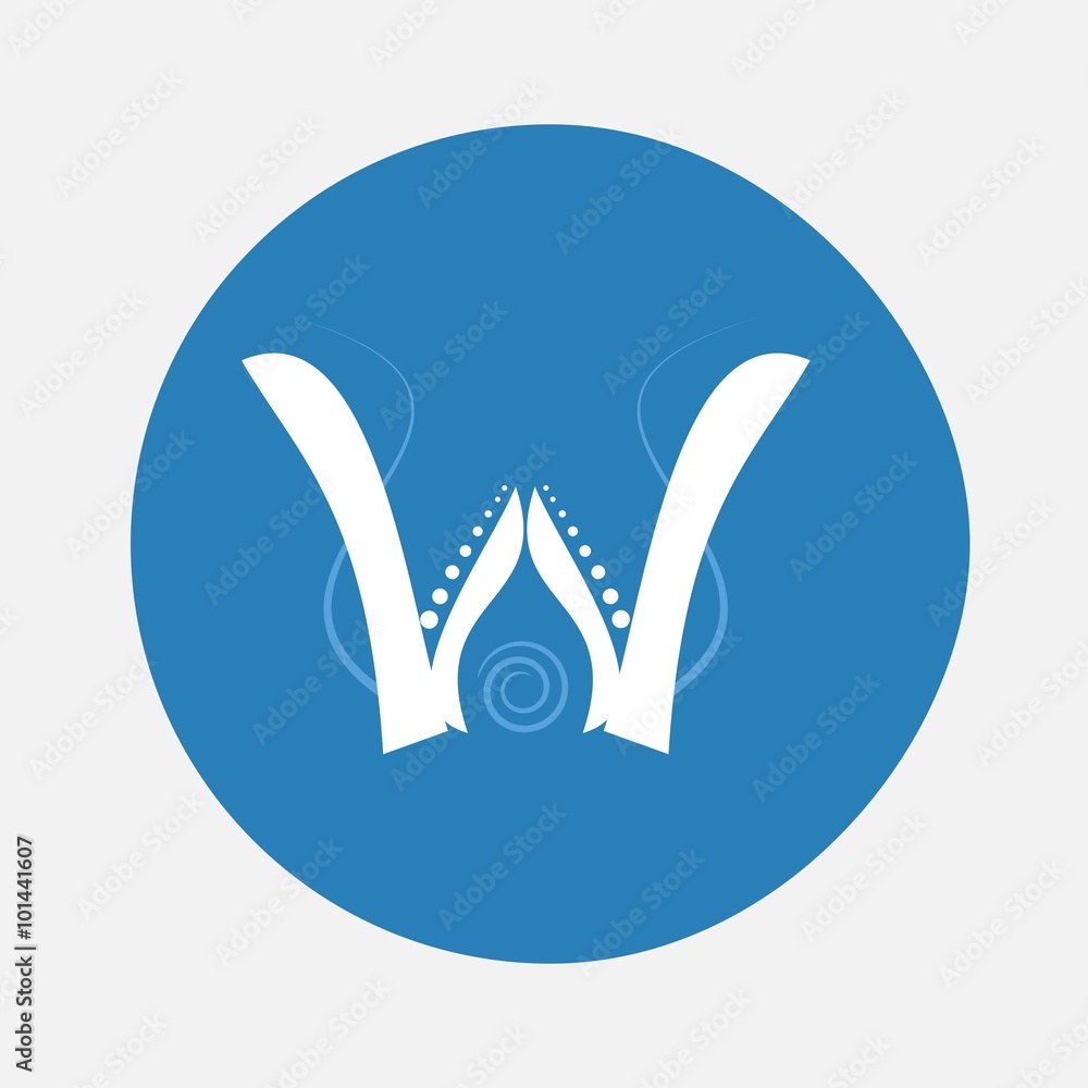 Nature alphabet letter W with creeping plant in blue circle pattern Nature alphabet letter W with creeping plant in blue circle pattern