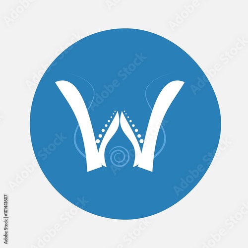 Nature alphabet letter W with creeping plant in blue circle pattern