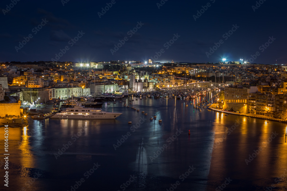 View of the three cities by night in Malta