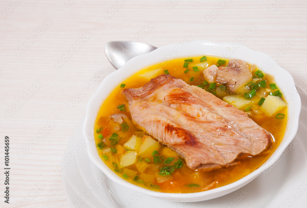 Meat soup with vegetables and mushroom Meat soup with vegetables and mushroom