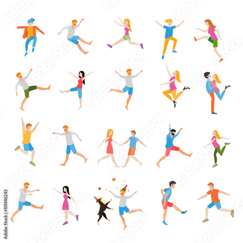 Jumping high male and female people avatar set isolated vector illustration. 