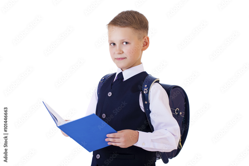 Caucasian school boy on white background with copy space Caucasian school boy on white background with copy space
