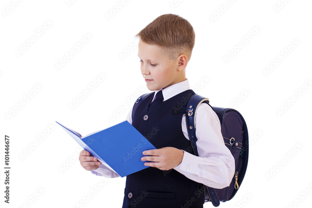 Caucasian school boy on white background with copy space Caucasian school boy on white background with copy space