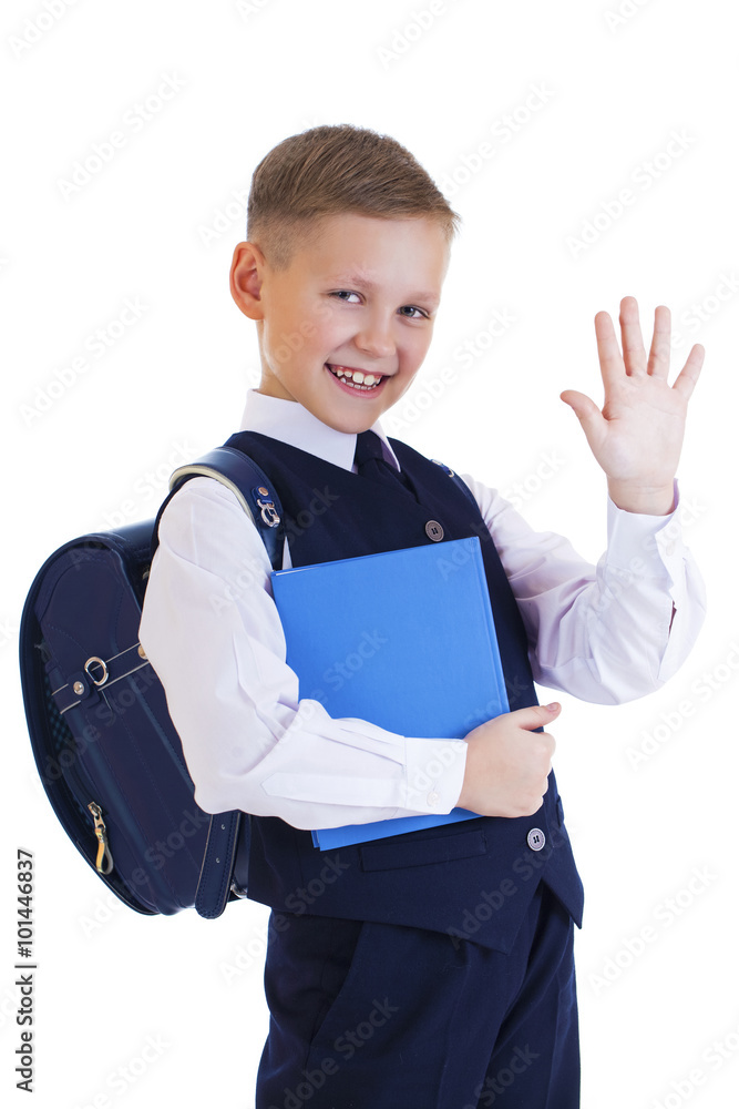 Caucasian school boy on white background with copy space Caucasian school boy on white background with copy space