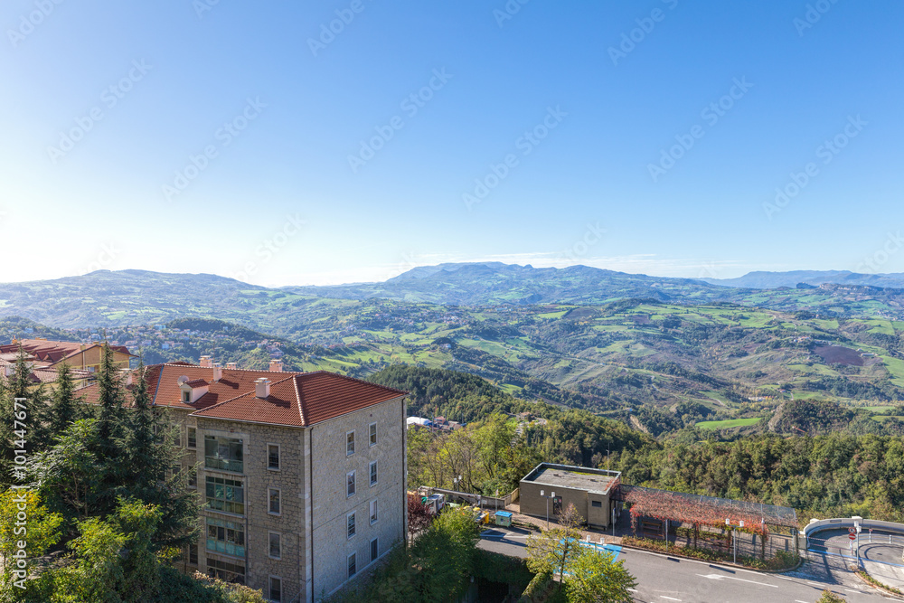 San Marino and the Apennine Mountains. Monte Titano is the highest peak.