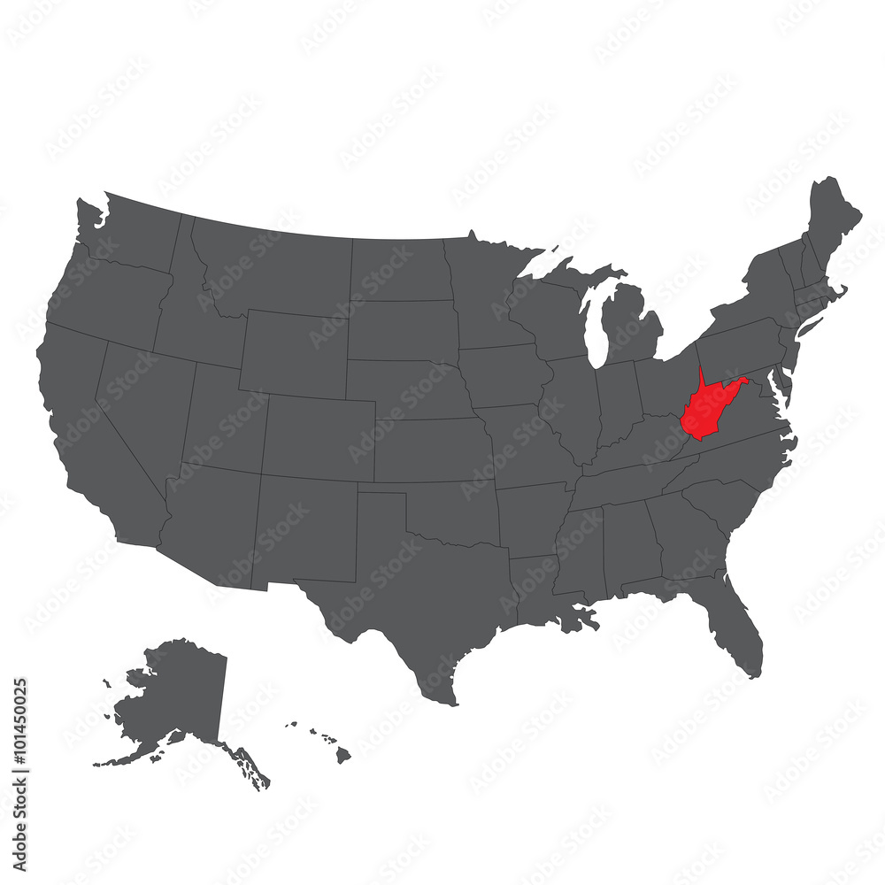 West Virginia red map on gray USA map vector