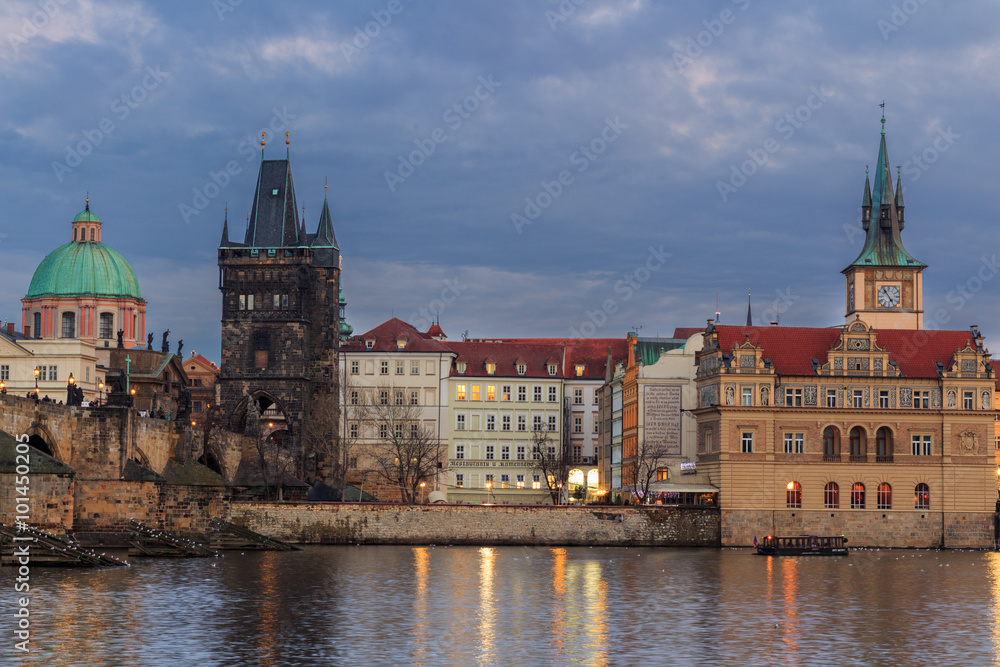 View from the Charles bridge to Smetana museum on the right bank of the river Vltava in the Old Town of Prague. It is dedicated to the life and works of famous Czech composer Bedrich Smetana.