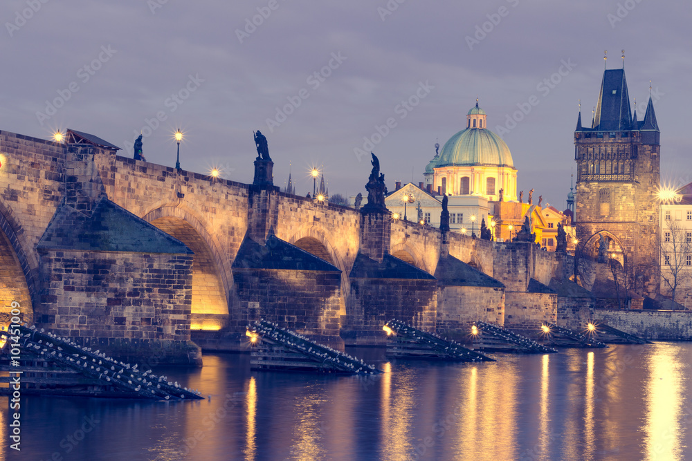 The Charles Bridge (Czech: Karluv Most) is a famous historic bridge that crosses the Vltava river in Prague, Czech Republic. Vintage filter applied.