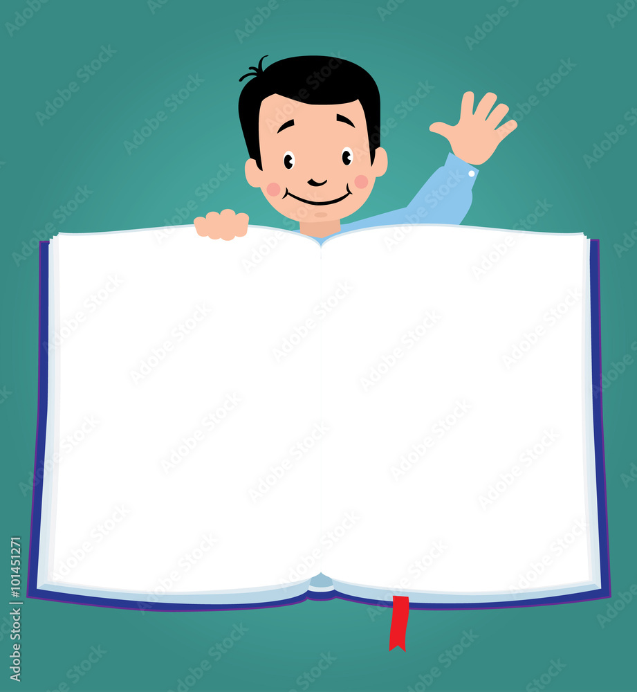 Design template with funny boy and book Design template with funny boy and book