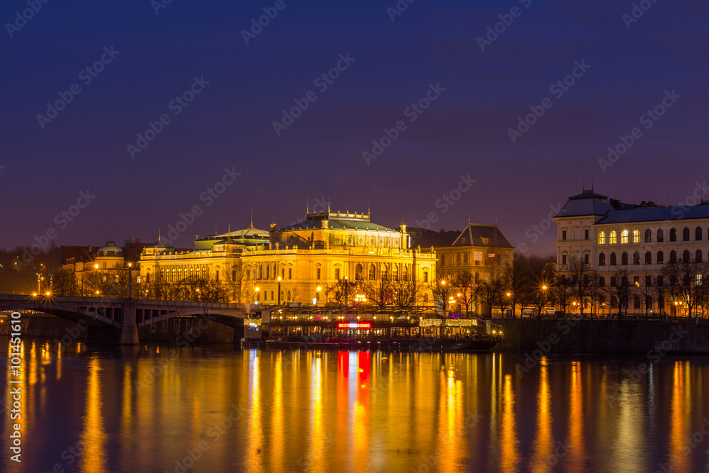 Scenic view in night of the Old Town architecture over Vltava river in Prague, Czech Republic