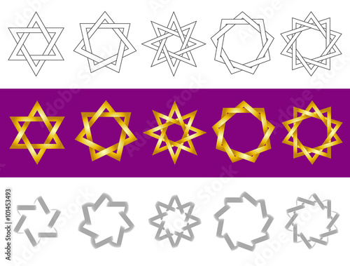 Vector symbols as stars. Vector pattern of stars. Vector design elements. Gold stars on a purple background and black and white stars. photo