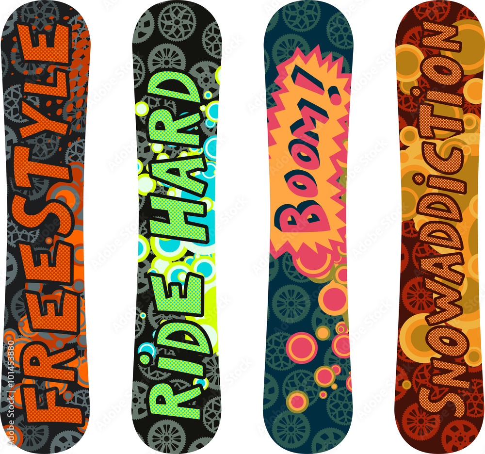 Snowboard design pack with cartoon style elements Snowboard design pack with cartoon style elements