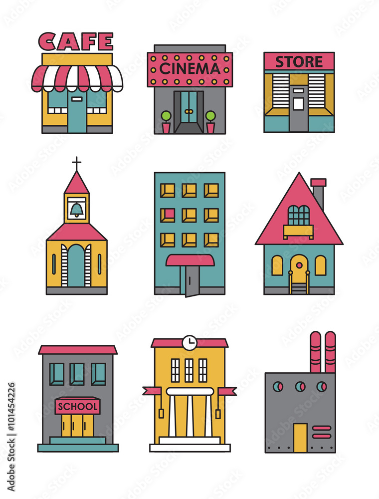 Set of vector flat icons of buildings
