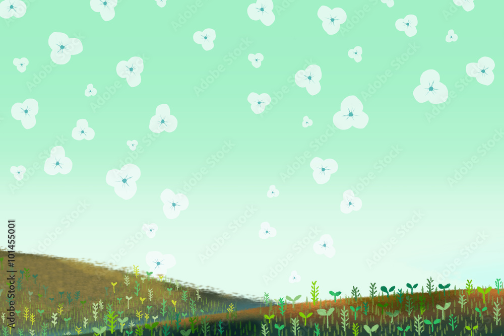 Illustration: Little Hill with Flowers. Realistic Fantastic Cartoon Style Artwork Scene, Wallpaper, Game Story Background, Card Design
