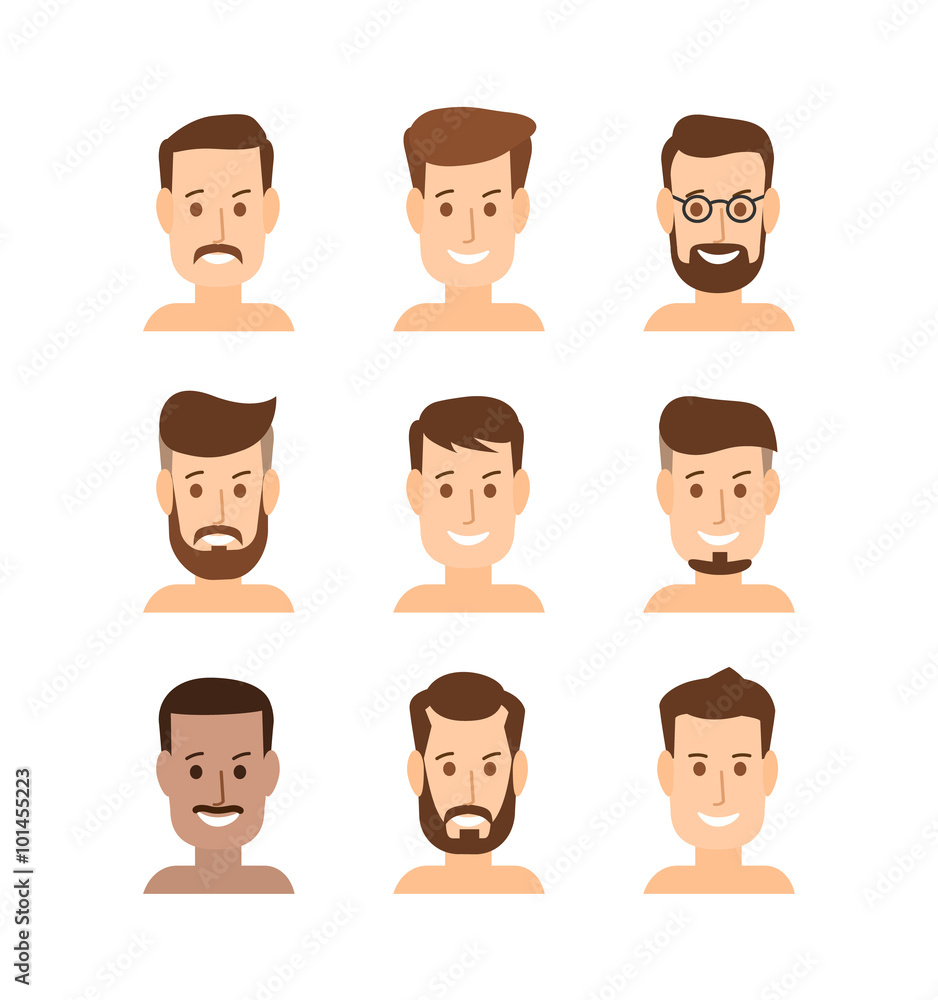 set of young man faces portrait with different hair style isolated on white  background Stock Vector | Adobe Stock