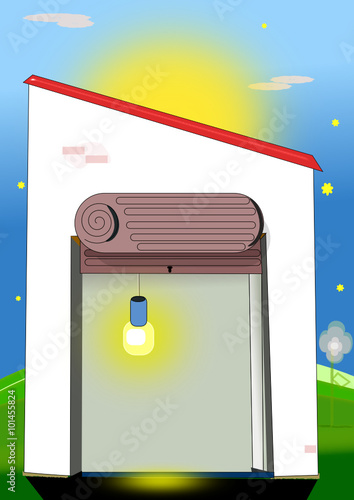 Garaje trastero o casita con persiana abierta y bombilla encendida al atardecer o al anochecer.