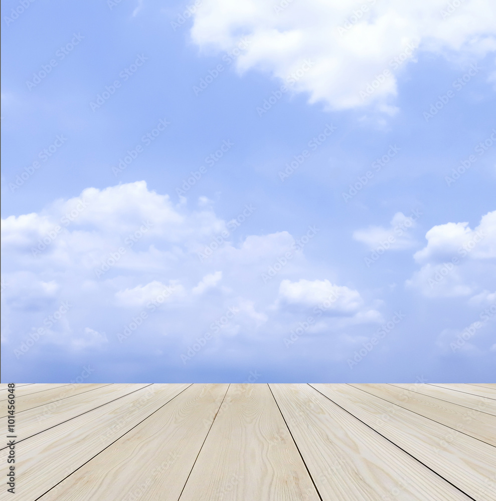 Wood Terrace with Blue Sky and Cloud used as Template for Mock up to Display Product or input Text