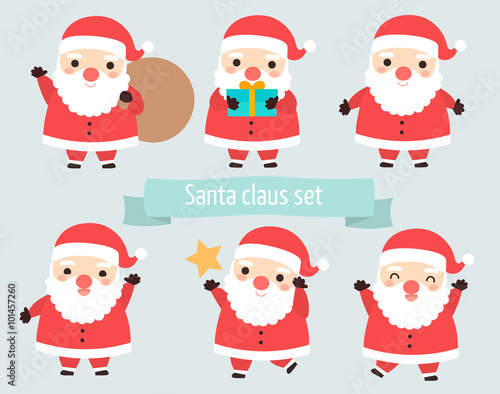 set cute santa claus pose bag present isolated