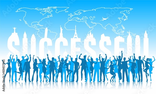 world map on the back of business people, global success