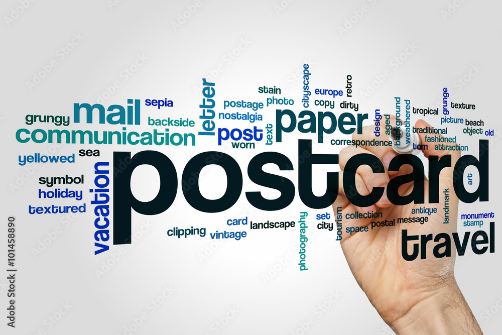 Postcard word cloud concept Postcard word cloud concept