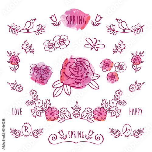 The set of hand drawn elements for your design on the pink watercolor background. Elements for Valentine's Day, mother's day, birthday, wedding, easter.