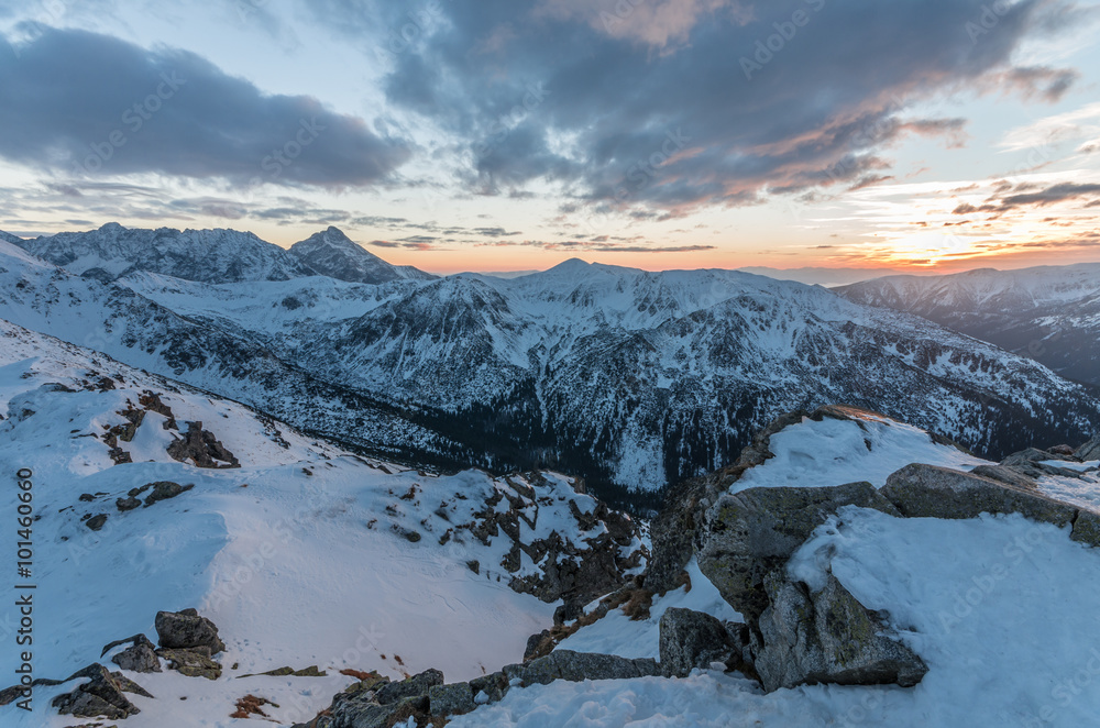 High Tatra mountains in the evening, winter landscape
