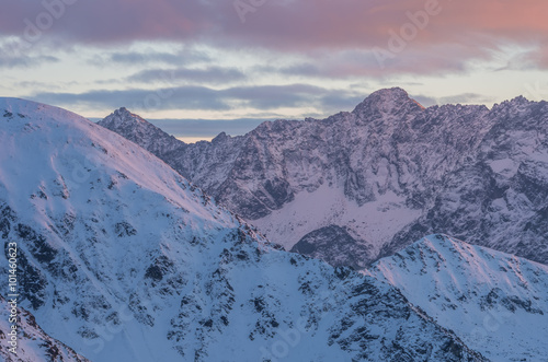 Colorful mountain sunset panorama at winter in High Tatras