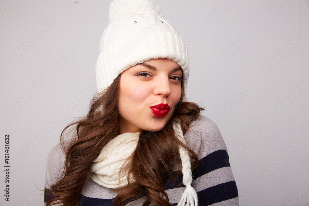 portrait of a girl in a white hat and scarf portrait of a girl in a white hat and scarf