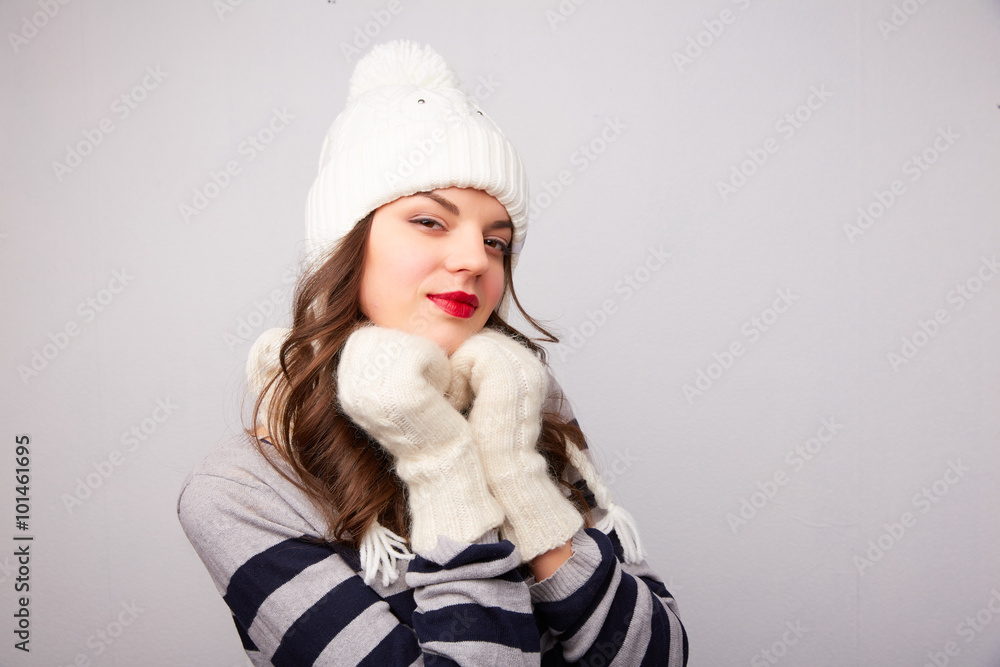 portrait of a girl in a white hat and scarf portrait of a girl in a white hat and scarf