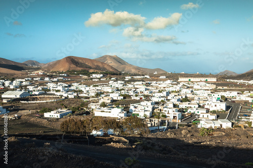Beautiful village Yaiza with view to the volcanoes of Lanzarote