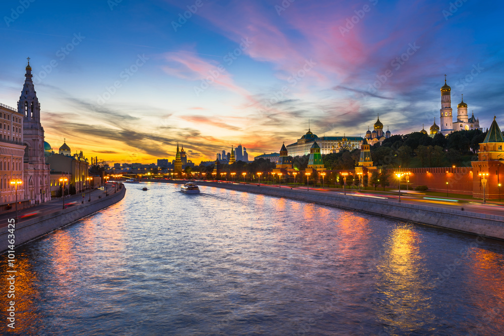Sunset view of Kremlin and Moscow river in Moscow, Russia