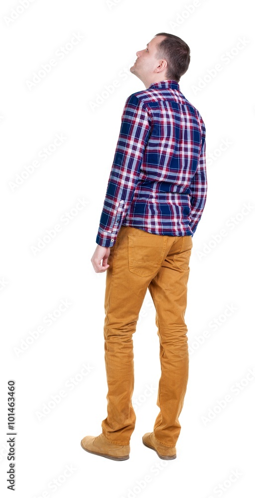Back view of handsome man in checkered shirt looking. Back view of handsome man in checkered shirt looking.
