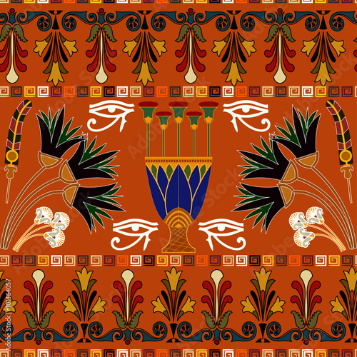 Seamless ethnic pattern with eye of Ra, lotus flowers. Vector il
