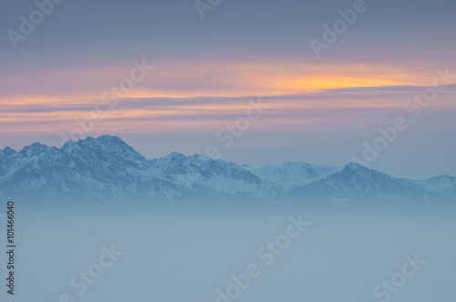 Tatra Mountains from Gorc in Beskidy mountains  winter evening