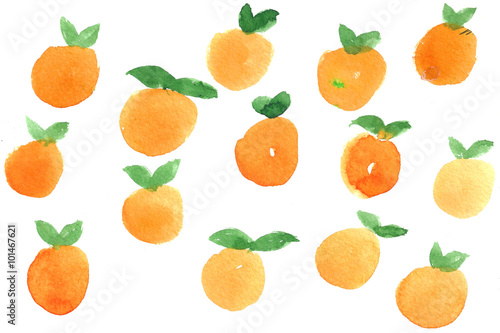 Hand drawn watercolor raster pattern with oranges. isolated on white. For decoration of children's room, textile, cards.
