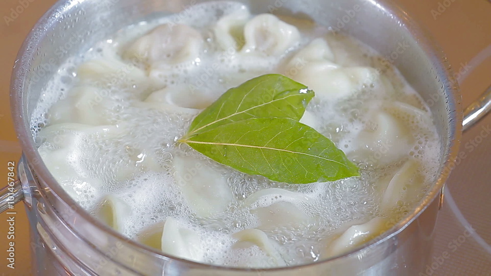 Meat dumplings cook in a pan Bay leaf Meat dumplings cook in a pan Bay leaf