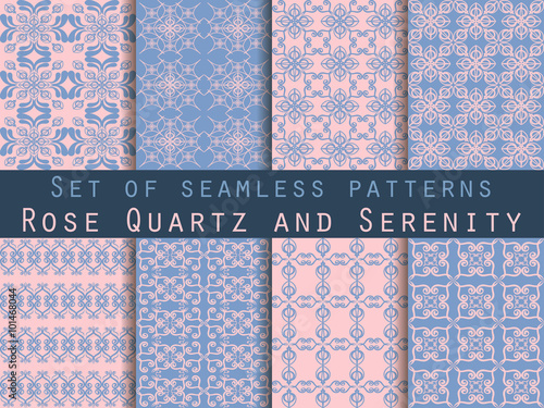 Set of seamless patterns. Rose quartz and serenity violet colors. The pattern for wallpaper, tiles, fabrics and designs. Vector illustration.