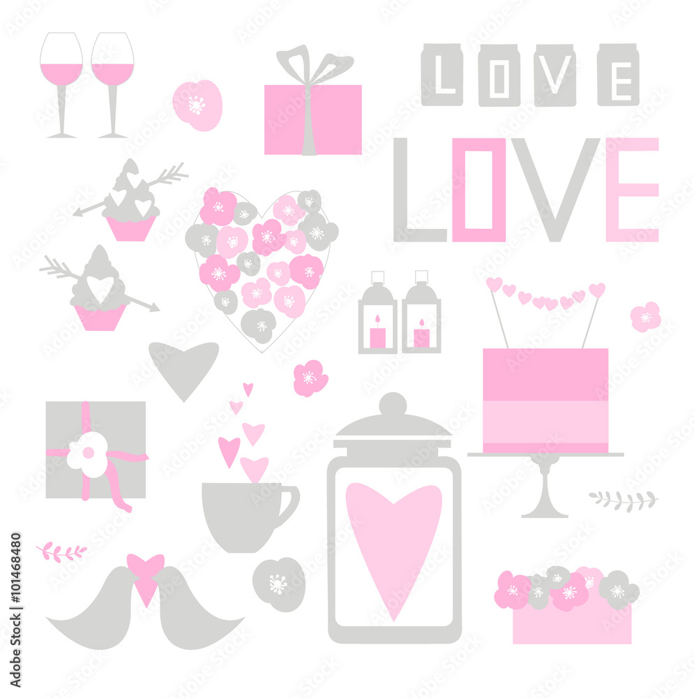 Valentine's Day set. Vector illustration. Cake, birds, flowers, hearts, gifts.