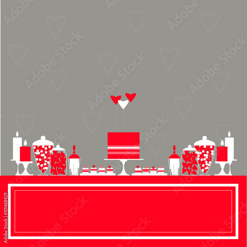 Candy Buffet with cake and flowers. Wedding dessert bar. Birthday sweet table. Vector illustration.