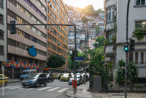 Street in Copacabana and favela Cantagalo in Rio de Janeiro. Brazil
