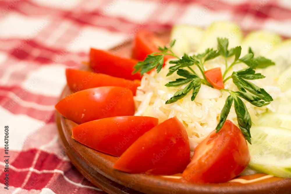 Tomato and cucumber salad on the plate Tomato and cucumber salad on the plate