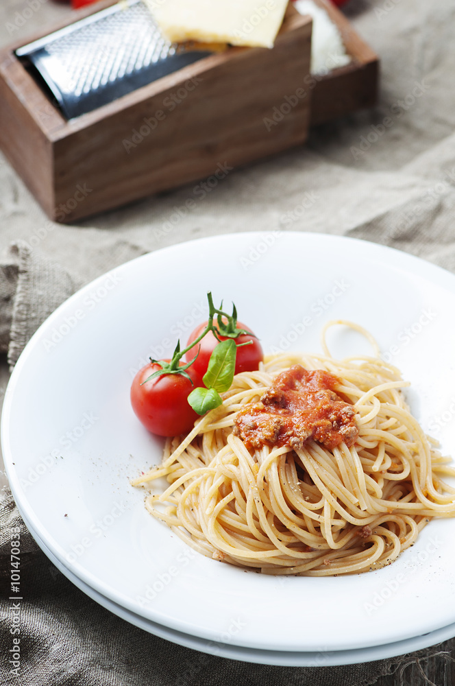 Italian pasta bolognese with meat and tomato