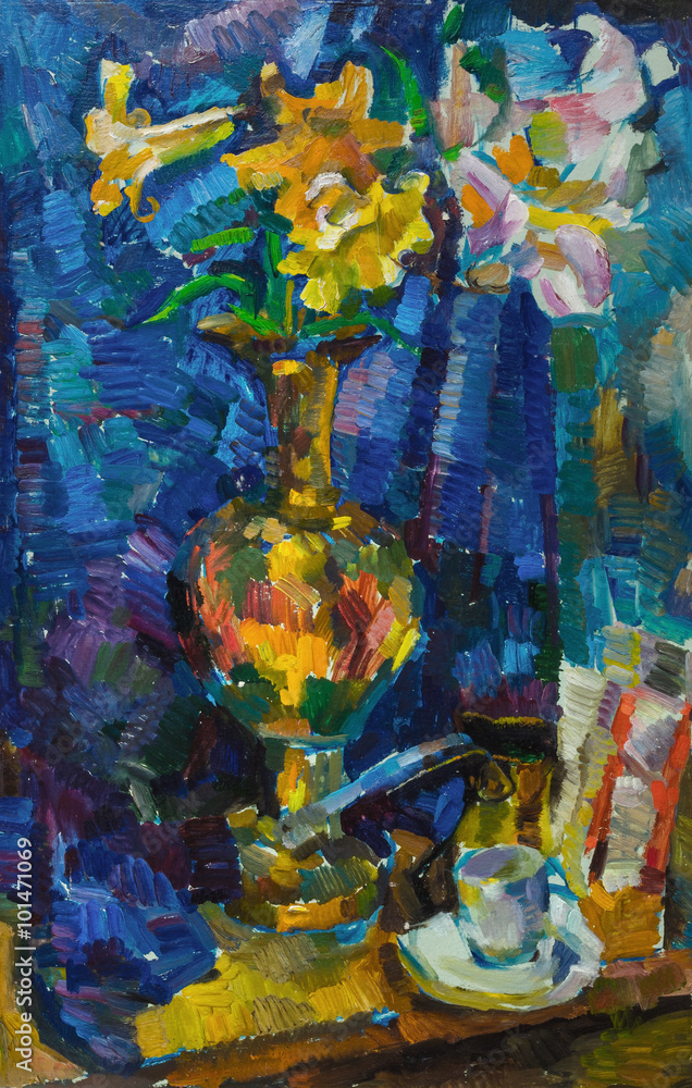 Beautiful Original Oil Painting with still life with  flowers in a vase on a background of blue shades On Canvas in the style of Impressionism