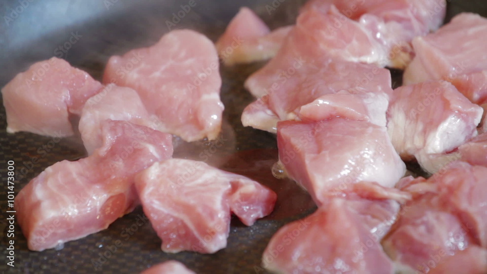 Frying Beef on Sizzling Hot Pan Tasty Fat Dinner Frying Beef on Sizzling Hot Pan Tasty Fat Dinner