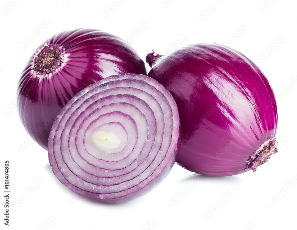 Red sliced onion isolated on a white background.