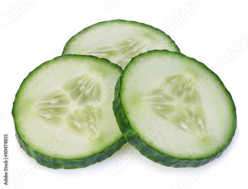 Fresh slice cucumber close-up on a white background.