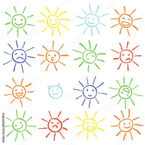 Colorful crayon chalk funny sun with smile. Colorful pastel chalk hand drawn set of happy, glad, happy, angry, sad, faces suns. Many cute suns.